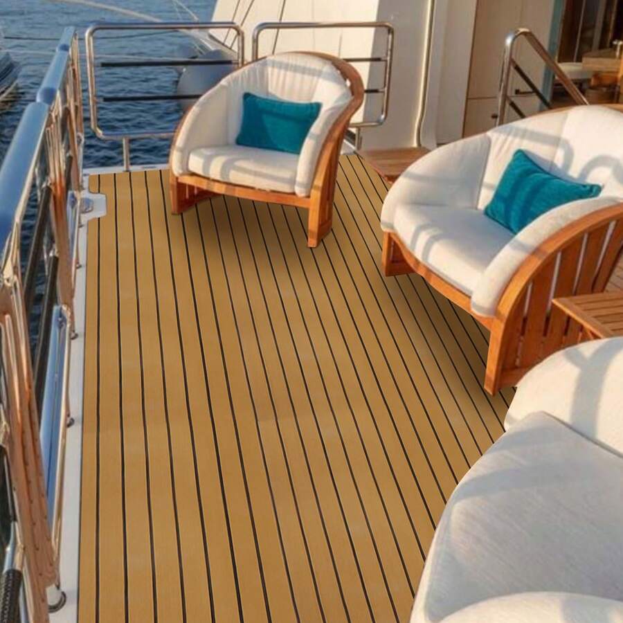 YUNRUX 240 x 60 x 0,6 cm Alfombrilla autoadhesiva para suelo de yate, cubierta para barco, marrón con costura negra, alfombrilla para suelo de yate para autocaravana, fácil de limpiar e instalar