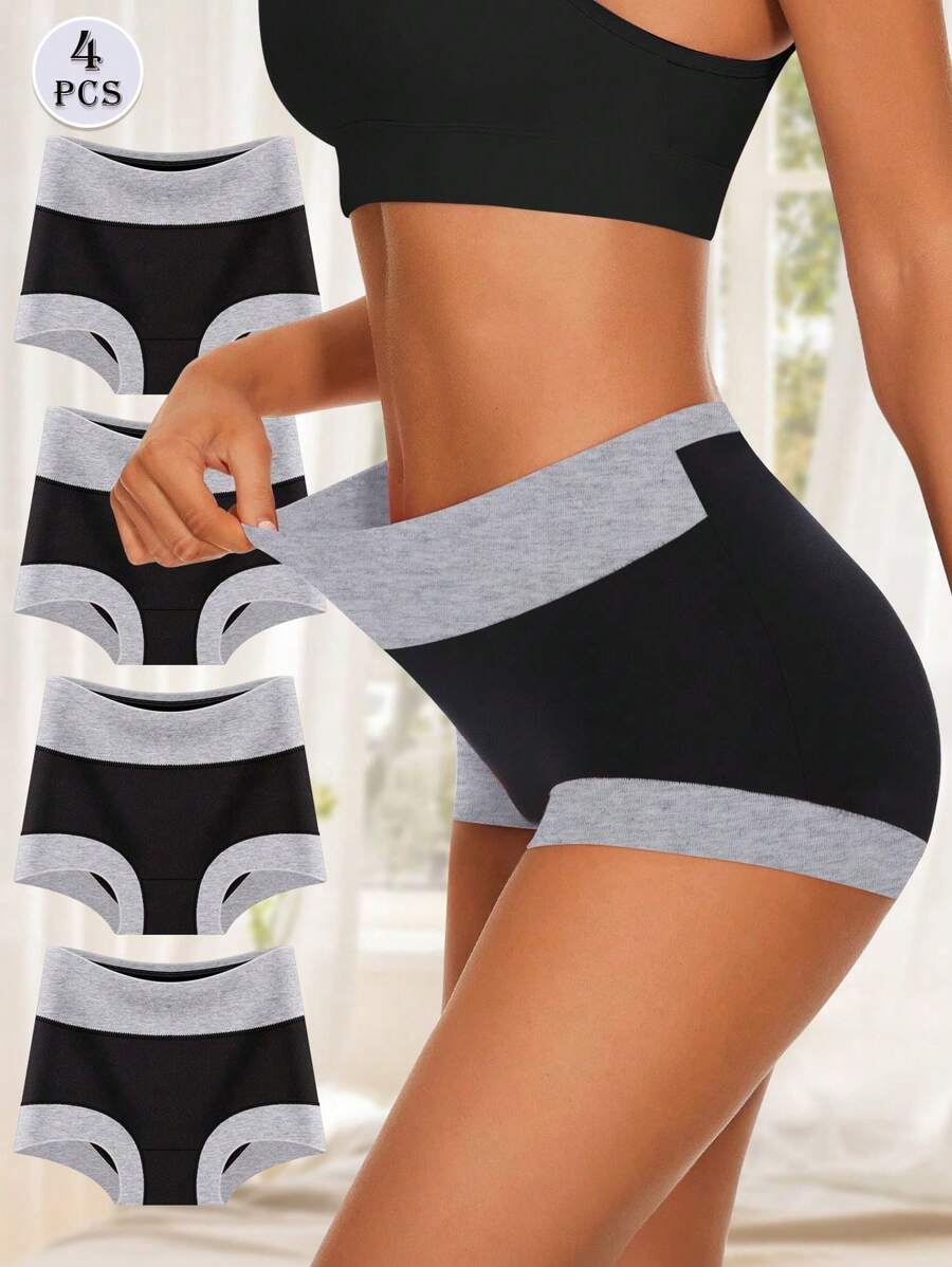 MEIYATING 4 piezas Bragas de mujer de cintura alta, pantalones cortos de control de abdomen de color contrastante de moda