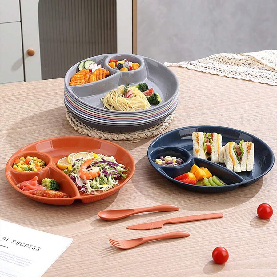 WORTHBUY 1pc Round Plastic Food Plate With 3 Compartments, Dishwasher & Microwave Safe Serving Tray, Fruit Salad Food Plate, Kitchen Divided Dinner Plate, Suitable For Women & Students To Control Diet And Lose Weight - Multicolor - View 1