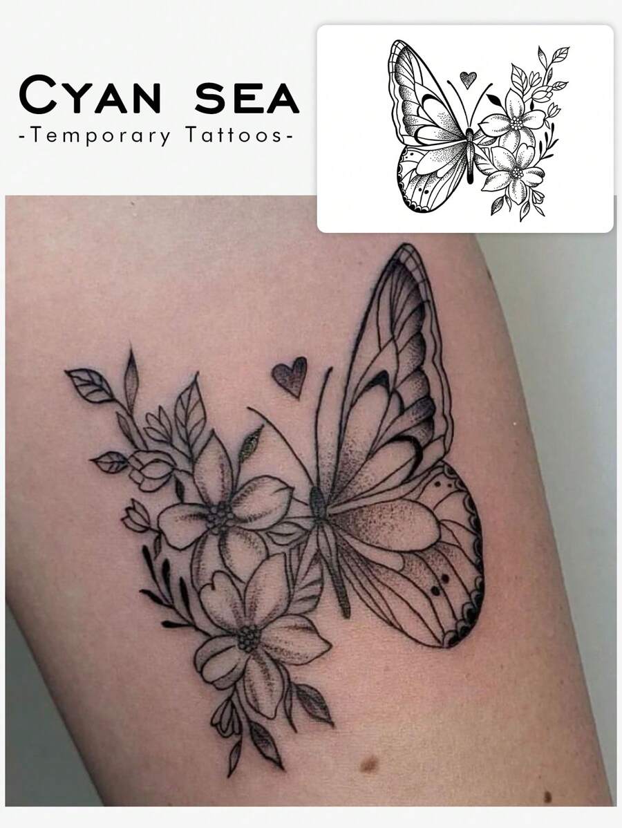 1sheet Butterfly & Flower Pattern Tattoo Sticker