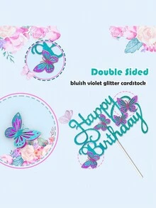 Conjunto de 13 piezas de adornos para pastel con polvo dorado, 1 bandera con letra de mariposa + 12 decoraciones de pastel pequeñas con mariposas - Rosa roja - Ver 4