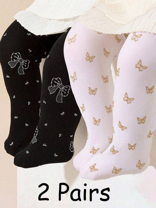 2 Pairs Baby Girls' Princess Golden Butterfly & Silver Bowknot Tights, Breathable And Comfortable, Suitable For Daily Wear Or Party Dressing
