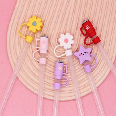 6pcs/1pc Cartoon Cup-Shaped Flower Topper Wide Mouth Straw Cover, Creative Dustproof Straw Plug, Personalized Reusable Straw Hat, Bestseller