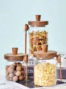 1 Peça Pote de Vidro de Borosilicato de Alta Qualidade com Tampa de Madeira e Colher, Pote de Vidro À Prova de Umidade com Vedação, Recipiente de Armazenamento de Cozinha, Caixa de Armazenamento de Alimentos, Pote de Especiarias, Garrafa de Vidro