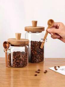 1 Peça Pote de Vidro de Borosilicato de Alta Qualidade com Tampa de Madeira e Colher, Pote de Vidro À Prova de Umidade com Vedação, Recipiente de Armazenamento de Cozinha, Caixa de Armazenamento de Alimentos, Pote de Especiarias, Garrafa de Vidro