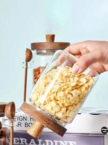 1 Peça Pote de Vidro de Borosilicato de Alta Qualidade com Tampa de Madeira e Colher, Pote de Vidro À Prova de Umidade com Vedação, Recipiente de Armazenamento de Cozinha, Caixa de Armazenamento de Alimentos, Pote de Especiarias, Garrafa de Vidro