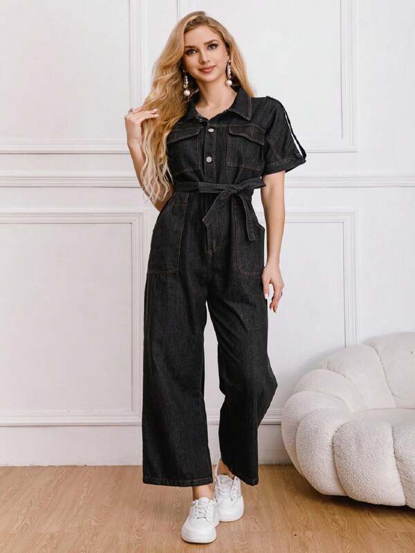 OK@Y jumpsuit una pieza de mezclilla suave con bolsillo y cinturon