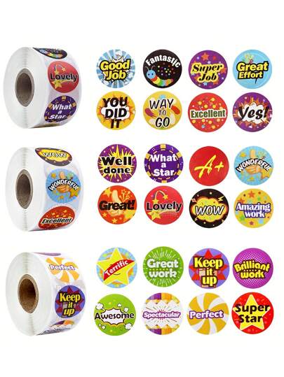 500/1500 张教师奖励贴纸 - 3 卷鲜艳的各种表扬和优点贴纸，易于使用的自粘设计，可提高学生士气和课堂参与度 - 非常适合学生表彰和奖励贴纸垫、贴纸>卷、贴纸套装、印刷贴纸、贴纸设计、贴纸、贴纸、教师贴纸、教室、奖励贴纸、贴纸卷、教室、贴纸套装、教室、教师贴纸