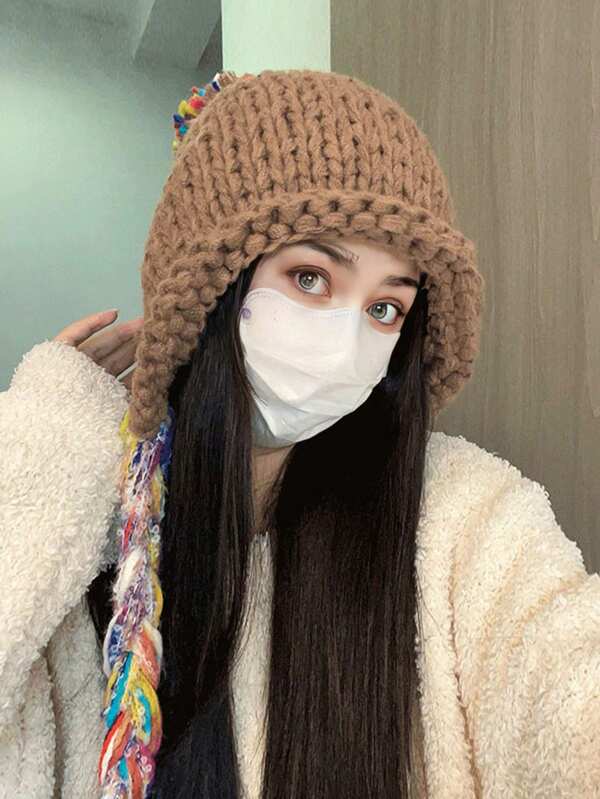 1 pezzo Cappello a maglia con nappa fatto a mano per donne invernale, Con protezione per le orecchie calda autunno e inverno, Moda Beanie, adatto per l'uso quotidiano, lo shopping e lo sci