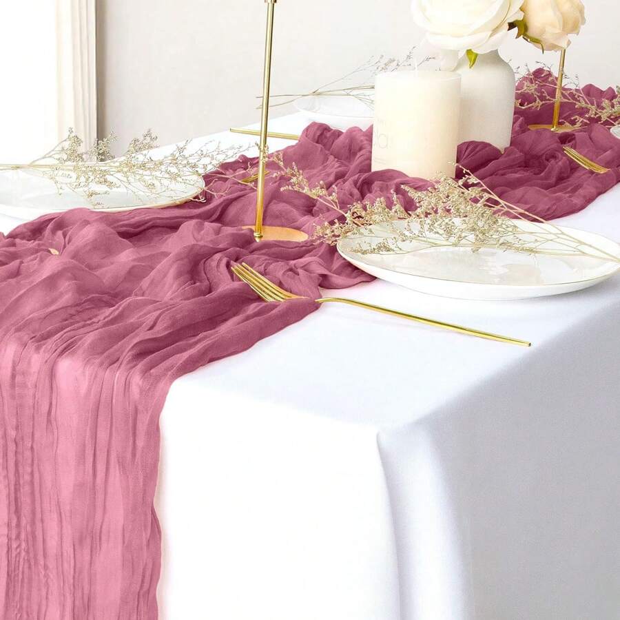 1pc 90*180/300/400cm Fuchsia Bali Organza Table Runner, Rustic Wedding Ceremony Decor, Transparent Table Runner For Baby Shower, Party, Birthday, Back To School Holiday Celebration (Multi-Color Options, 4 Seasons Use) Decor,Home Decor - Solid Color - View 1