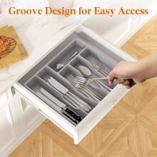 Silverware Organizer With Lid, Covered Utensil Tray For Kitchen Drawer And Countertop, Plastic Cutlery And Flatware Storage Box For Spoons Forks Knives Holder Case, 6 Compartments - Xám - Xem 8