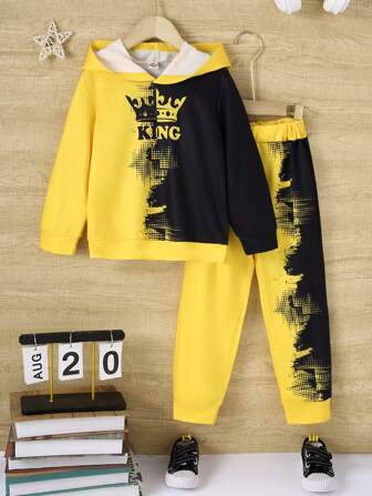 少年連帽印花連帽衛衣，束腰配色 + 染色褲子兩件套裝，適用於秋冬