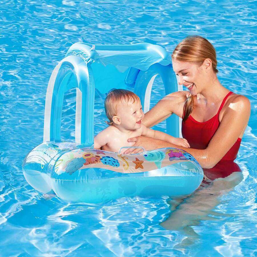 Flotador de piscina para bebé con dosel, asiento y asas, con diseño de dinosaurio, adecuado para bebés niños y niñas - Multicolor - Ver 1