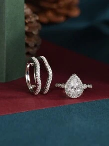 AIHUASI 2入組925純銀女士婚戒套裝，6*9毫米2.7克拉高級立方氧化鋯婚禮珠寶禮物