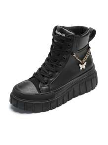 Black Solid Color Lace-Up Platform Thick Sole High-Top Ankle Boots With Silver Zipper Metal Decor, Versatile Casual Fashion Outdoor Motorcycle Booties For Women, All Season