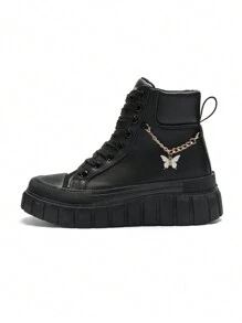 Black Solid Color Lace-Up Platform Thick Sole High-Top Ankle Boots With Silver Zipper Metal Decor, Versatile Casual Fashion Outdoor Motorcycle Booties For Women, All Season