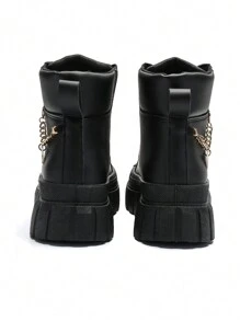 Black Solid Color Lace-Up Platform Thick Sole High-Top Ankle Boots With Silver Zipper Metal Decor, Versatile Casual Fashion Outdoor Motorcycle Booties For Women, All Season