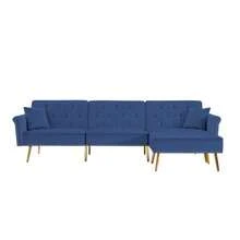 Modern Velvet Upholstered- Reversible Sectional Sofa Bed , L-Shaped Couch With Movable Ottoman And Nailhead Trim For Living Room. (Blue-)