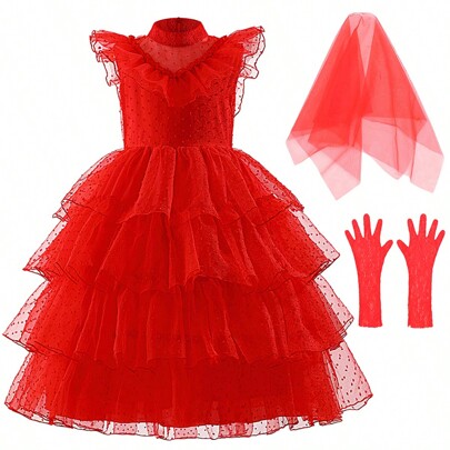 Halloween Carnival Party Evening Girl's Mesh Wedding Dress Children's Long Cake Dresses With Gloves Headgear Christmas Poinsettia Outfits