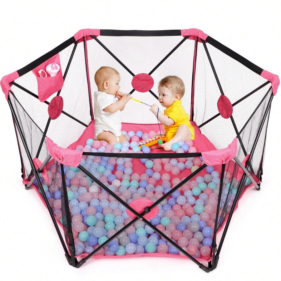 Baby Playpen, Lightweight Foldable Playard With Breathable Mesh And Carry Bag, Sturdy Hexagonal Activity Center, Indoor Outdoor Fence Playpens And Ball Pit For Babies And Toddlers - Pink - View 1