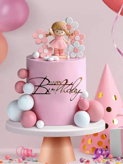 13pcs/Set Or 1pc Pink Dress Doll Cake Topper, White & Pink Foam Ball Cake Decorations, Suitable For Birthday Party, Christening, Wedding Cake Decor, Cute Cake Decorations