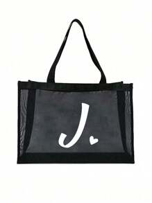 1 pieza Bolsa de playa con forma de corazón y letra A-Z de malla, bolsa de playa con forma de corazón y letra, bolsa de playa plegable, bolsa de playa de malla para mujer, adecuada para almacenamiento y compras en vacaciones de playa, bolso de gran capacidad - Negro - Ver 20