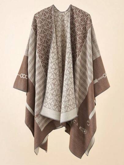 1pc Women's Geometric Plaid Patchwork Poncho Shawl, Casual Warm Scarf Wrap Outerwear For Autumn/Winter