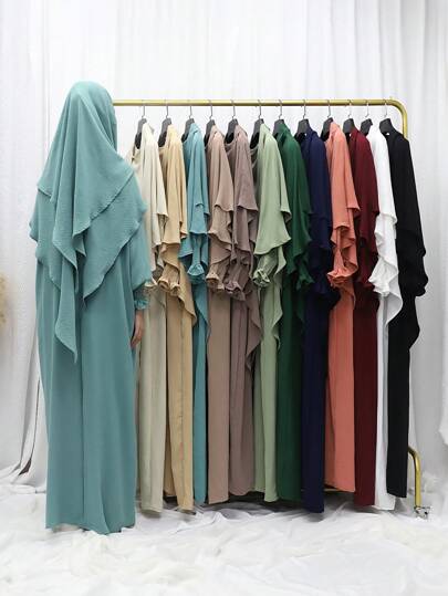 1 Set Women's 2 Pcs Abaya With Double Layers Headscarf Hijab Women Hijab Solid Color Elegant Long Sleeved Soft Set Suitable