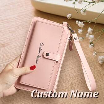 1pc Personalized RFID Retro Long Wallet For Women, Solid Color Multi-Functional Zipper Clutch With Wrist Strap Engraved, Fashionable,Vintage,Contracted,Stylish,Fall Fashion,Casual,2000s Fashion,Cute,Adorable,Cuties Custom,Personalized,Unique,Customized Ideal Gifts For Her Family,Grandparents,Friends,Girlfriend For Christmas,For Winter,For Fall/Autumn,For Holiday Treasure Finds,Winter Fashion,Personalized Gifts For Women/Men,Christmas Gift