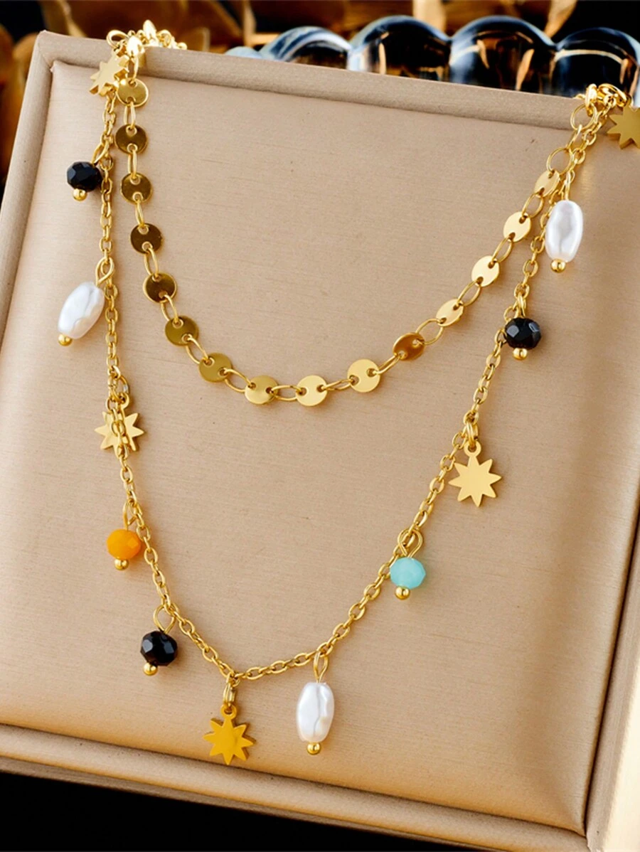1pc Stainless Steel Gold-Plated Multi-Layer Colorful Asymmetrical Pendant Necklace For Layering - Multicolor - View 1