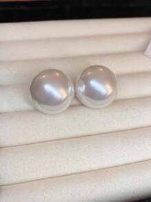 1pair Fashionable Large Faux Pearl Stud Earrings, 2/3 Round Earrings Made Of Faux Pearl Material, Daily Casual Accessory For Women