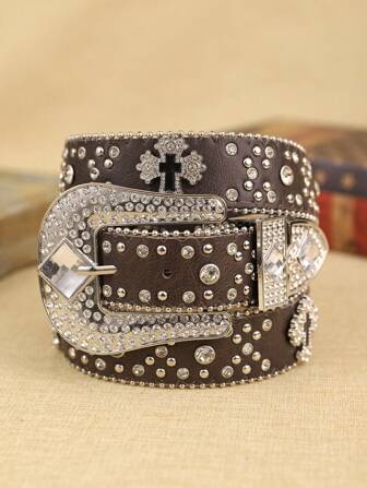 1pc Western Women's Coffee PU Leather Belt With Metal Cross Accessory, Rhinestone Detailing And Buckle Closure, Fashionable Bohemian Style Belt For Everyday Wear,School Summer, School Fall, Autumn, Halloween