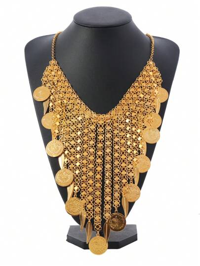 European And American Bohemian Coin Tassel Necklace, Multi-Layer Long Leaf Fashion Street-Style Vintage Jewelry