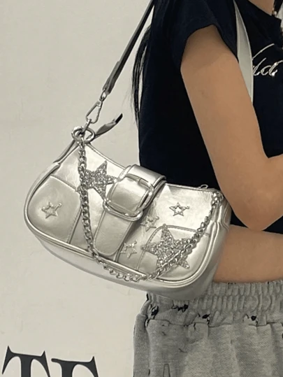 复古 Y2K 风格女士手拿包，拼色五角星链条单肩包，适合女生、学生、新上班族、职业女性、通勤和外出上学，潮流星星镂空女包
