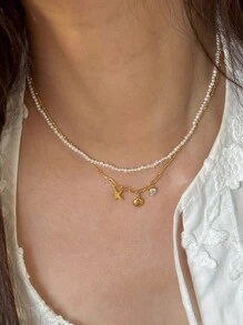 1pc Fashion Stainless Steel Starfish Shell Cubic Zirconia Pendant Necklace Summer Beach Daily Wear And Gift - Yellow Gold - View 2