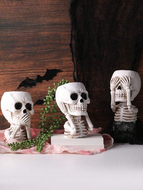 1PC Halloween Vase, Funny Skull Ornament Vase, No See No Hear No Speak, Party Home Decoration, Suitable For Gothic And Dark Enthusiasts, Halloween Party Decor Supplies, Skull Decoration, Figurine Set