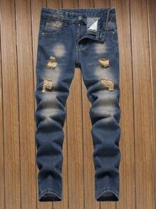 Tween Boy's Casual Jeans With Ripped Details And Pockets - Teal Blue - View 1