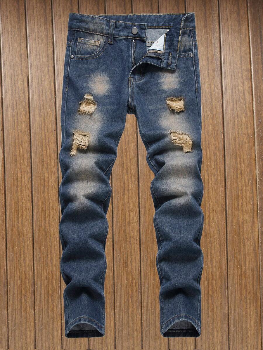 Tween Boy's Casual Jeans With Ripped Details And Pockets - Teal Blue - View 1