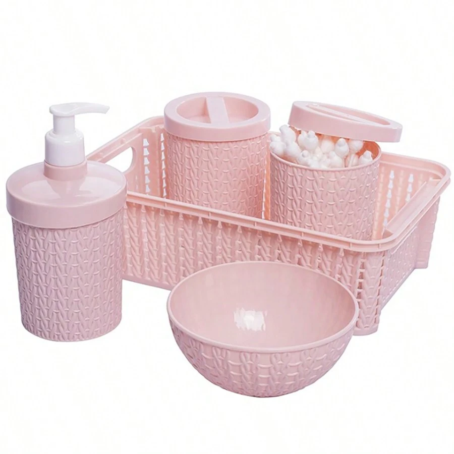 Bộ 5 món vệ sinh cho bé kèm giỏ đựng đồ lót dệt - Màu Hồng baby - Xem 1