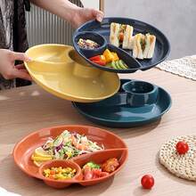 WORTHBUY 1pc Round Plastic Food Plate With 3 Compartments, Dishwasher & Microwave Safe Serving Tray, Fruit Salad Food Plate, Kitchen Divided Dinner Plate, Suitable For Women & Students To Control Diet And Lose Weight - Multicolor - View 2