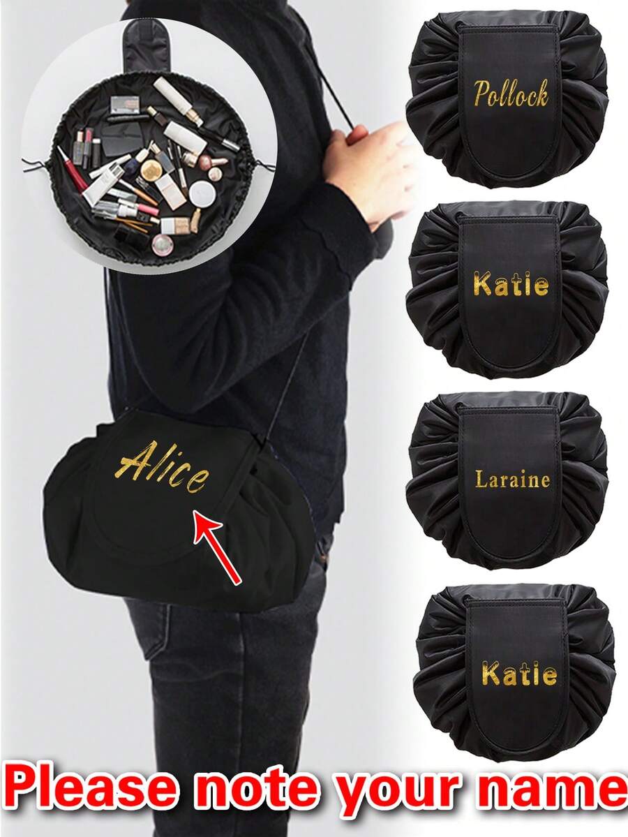 1 Túi đựng mỹ phẩm có dây rút tùy chỉnh cho nữ, 4 kiểu chữ, túi đựng đồ trang điểm, tên cá nhân, họa tiết tùy chỉnh, túi đựng đồ trang điểm, túi đựng mỹ phẩm may đo cá nhân, túi đựng đồ du lịch có dây rút, túi đựng đồ vệ sinh cá nhân cho học sinh, túi đeo vai, túi đựng đồ trang điểm, quà tặng cho bé gái - màu đen - Xem 1