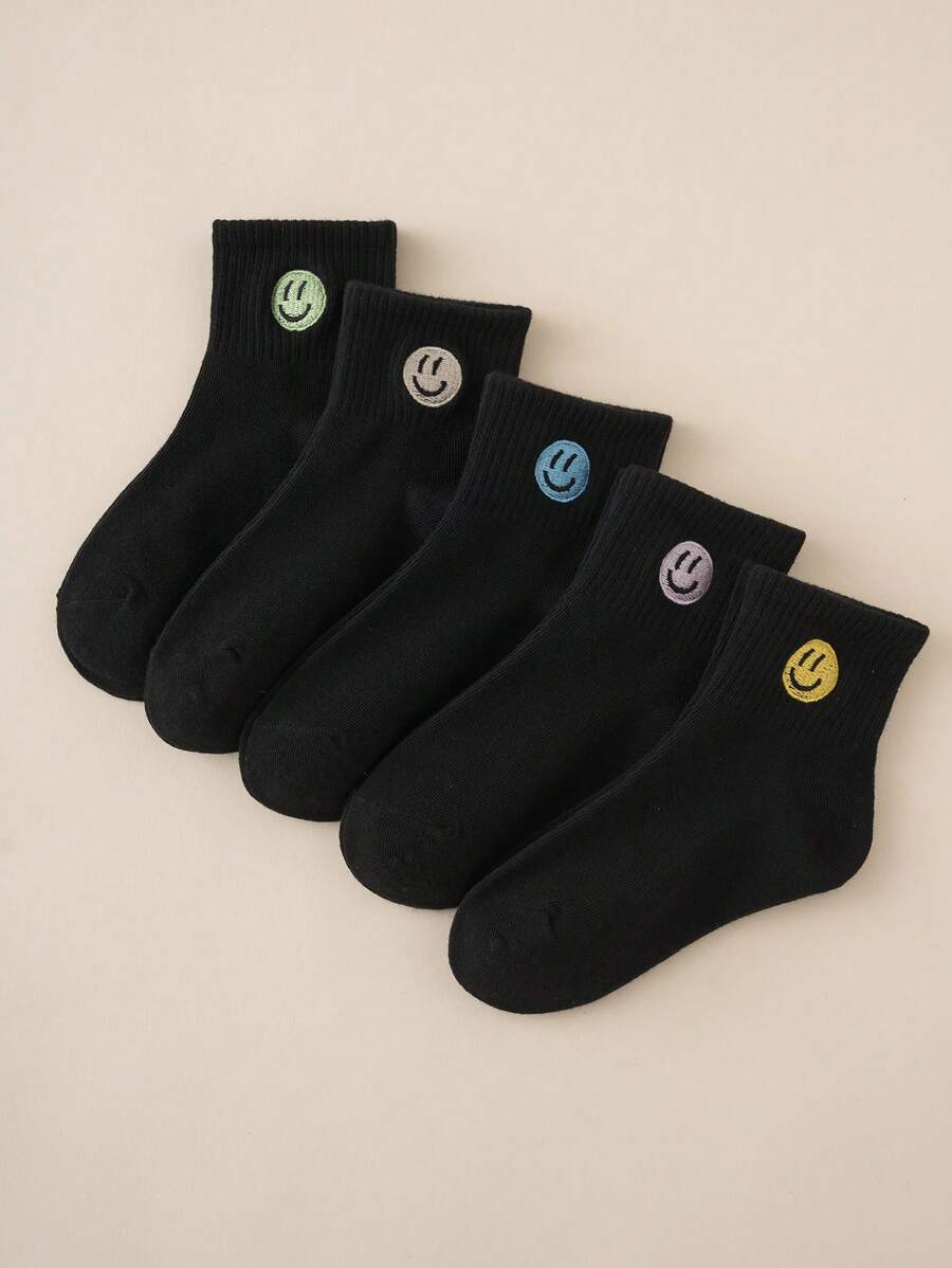 5 Pairs Interesting Personality Cartoon Black AllMatch Embroidered