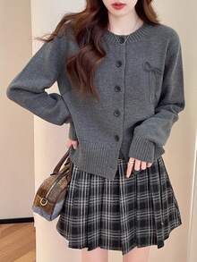 Spring & Autumn Casual Minimalist Style Bow-Tie Decor Round Neck Cardigan,Long Sleeve Tops - Dark Grey - View 4