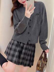 Spring & Autumn Casual Minimalist Style Bow-Tie Decor Round Neck Cardigan,Long Sleeve Tops - Dark Grey - View 3