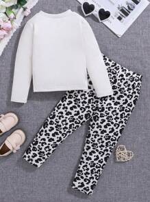 Bộ 2 món/Bộ Áo thun dài tay in hình động vật hoạt hình cho bé gái và quần dài thoải mái - Màu be - Xem 2