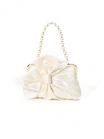 Romantic,Elegant Bowknot Satin Faux Pearls Clutch Bag Handbag, Perfect For Parties, Evening Events, Suitable For Gatherings, Weddings, Birthdays Valentines, Elegant Pearl Clutch, Prom Bag