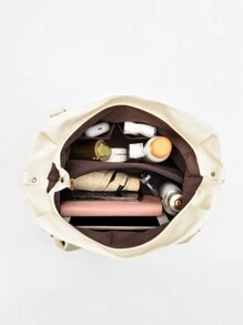 休閒純色女款手提包，大容量柔軟人造皮革拉鍊單肩包，多功能斜挎包，雙手柄肩背包，扣飾裝飾腋下包，街頭時尚夾腋錢包 - 米色 - 查看 4