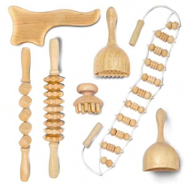 7 Stücke Holz-Massageset zum Massieren der Muskeln an Bauch, Rücken, Beinen, Bauch, Taille und Körperrelaxationstool, Schule, Rückkehr zur Schule, Reise, Reiseessentials, Haushaltsartikel, Spa, Massagetool, Massage, Massagegerät, Spa
