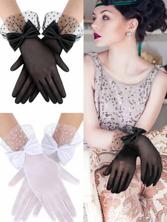 1 Pair Women's Elegant Short Gloves With Polka Dot Mesh Lace, Suitable For Tea Party, Spring/Summer, Wedding, Simple & Fashionable Evening Dress, Valentine's Day, Vintage Lace Bow Decor