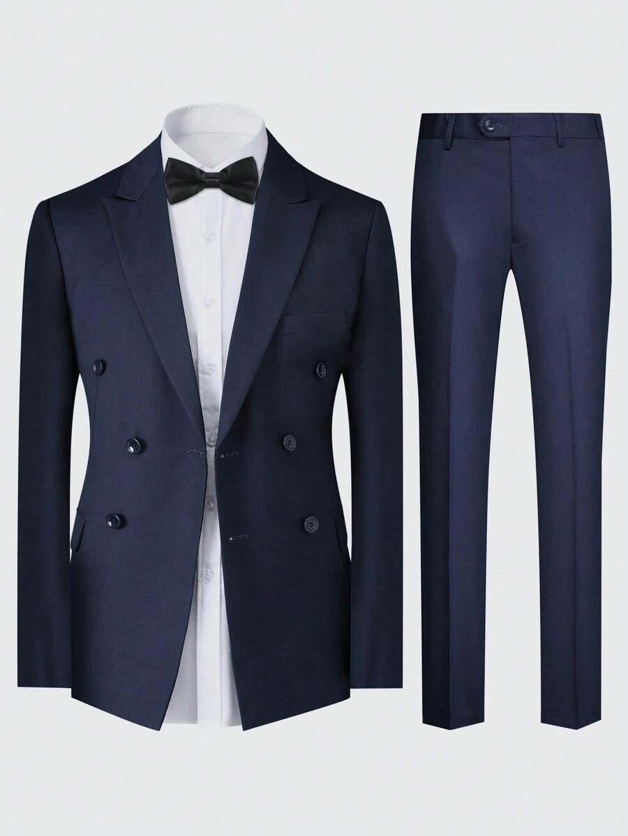 CLOUDSTYLE Men's Double-Breasted Suit Jacket With Notch Lapel And Trousers, Suitable For Wedding Occasions - Navy Blue - View 1